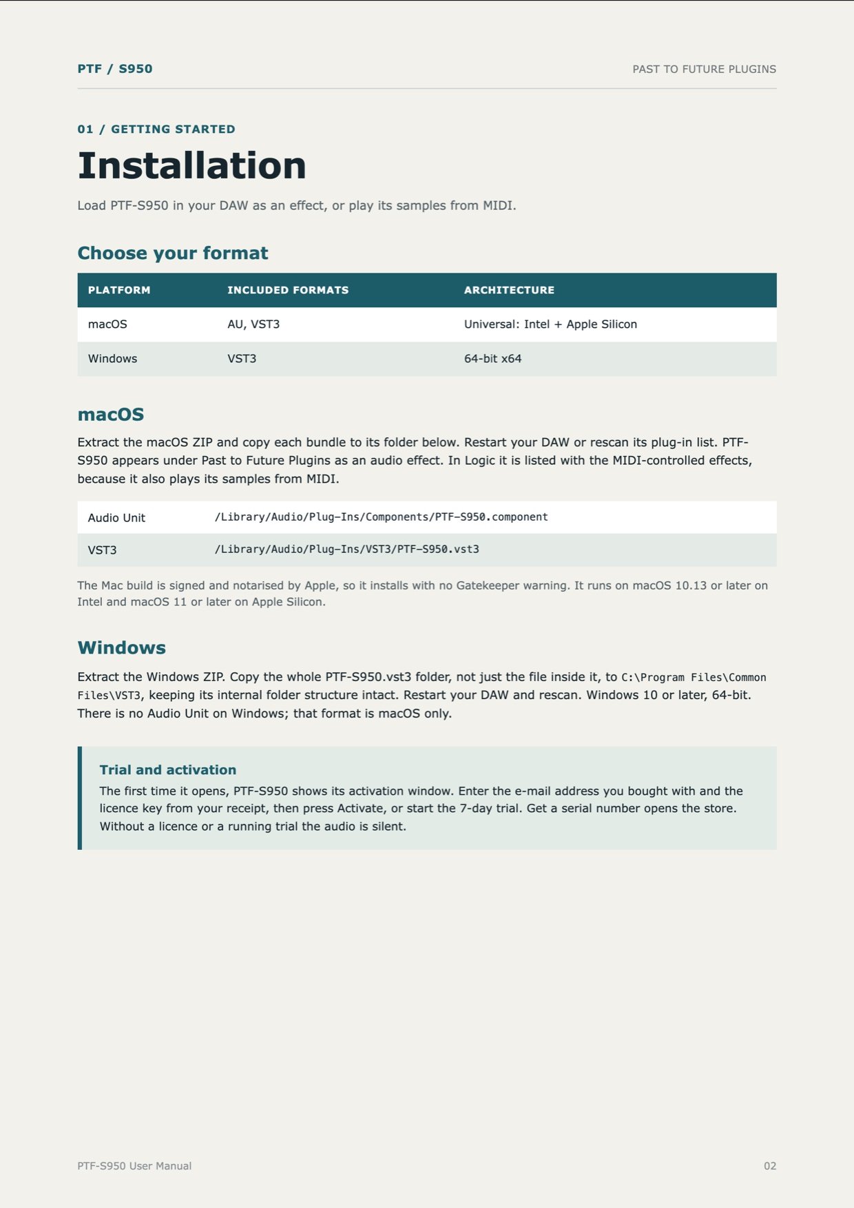 PTF S950 Sampler user's manual, page 2