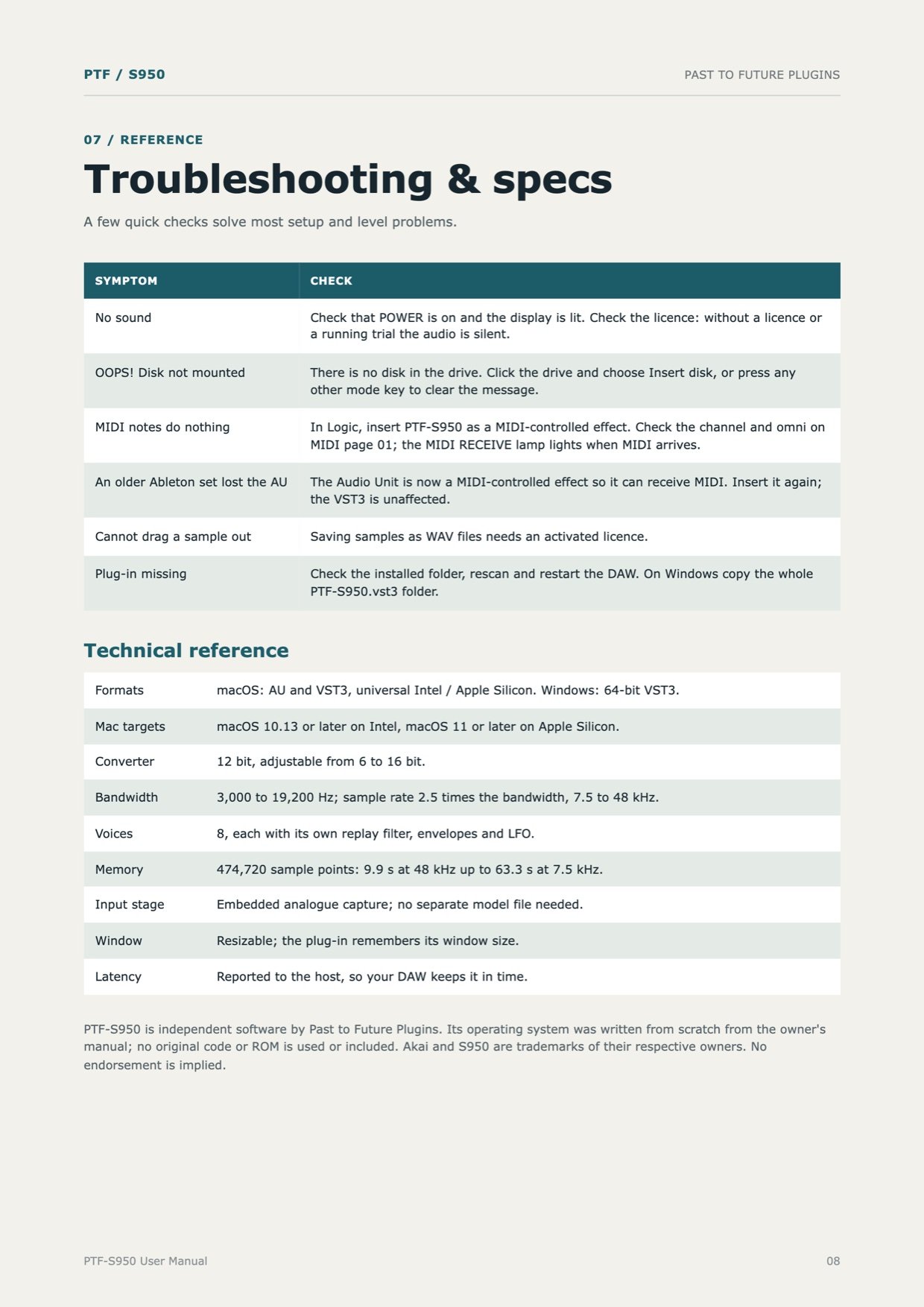 PTF S950 Sampler user's manual, page 8